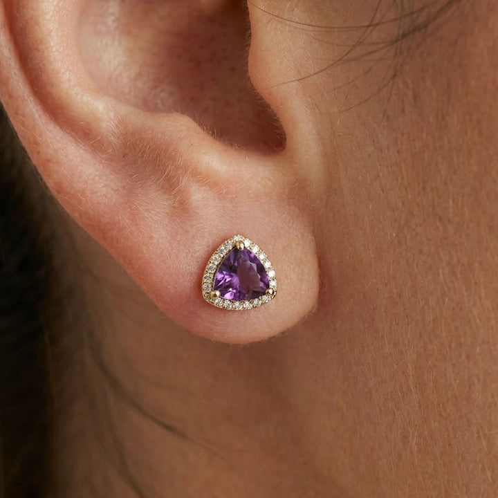 9ct Gold Trillion Cut Amethyst &amp; Diamond Stud Earrings