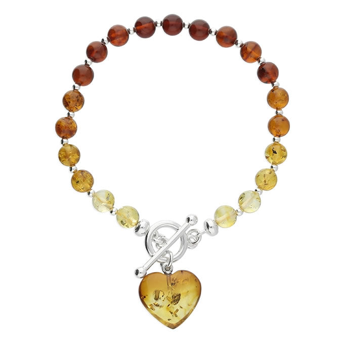 Silver Mixed Amber T-bar Heart Charm Bracelet