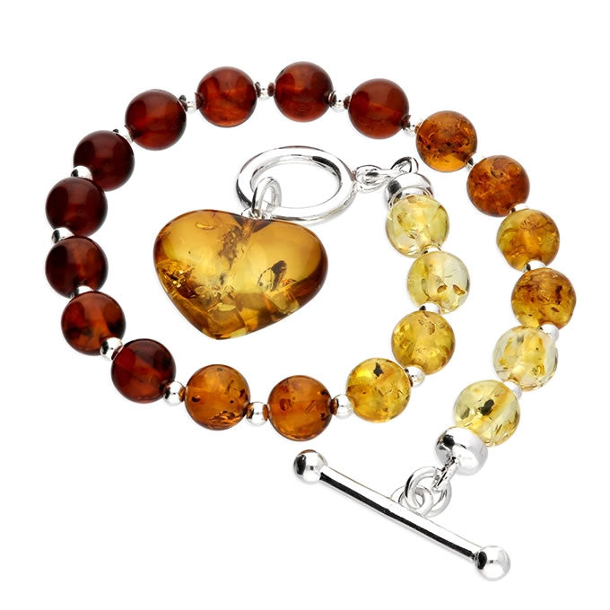 Silver Mixed Amber T-bar Heart Charm Bracelet