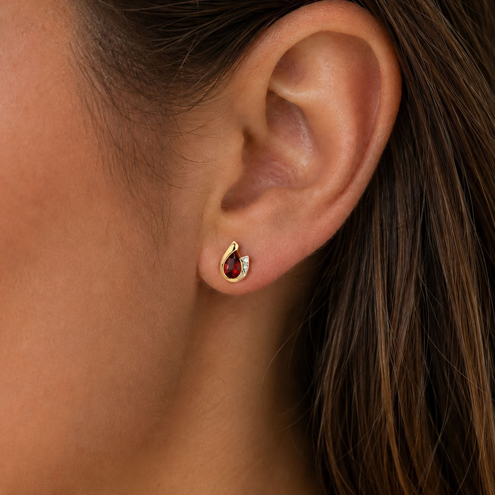 9ct Gold Garnet &amp; Diamond Curve Stud Earrings