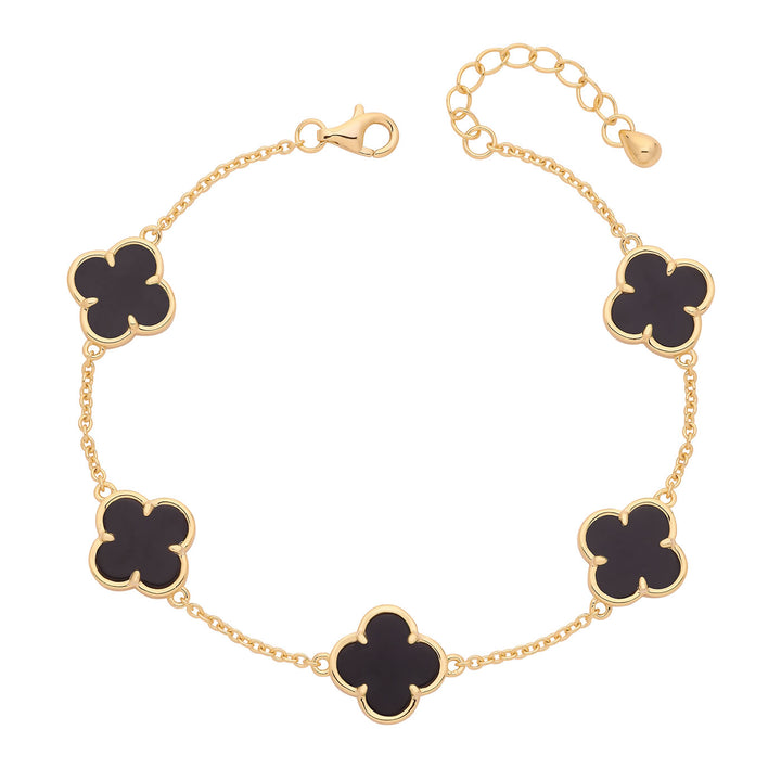 18ct Gold Plated Onyx Four Leaf Clover Bracelet