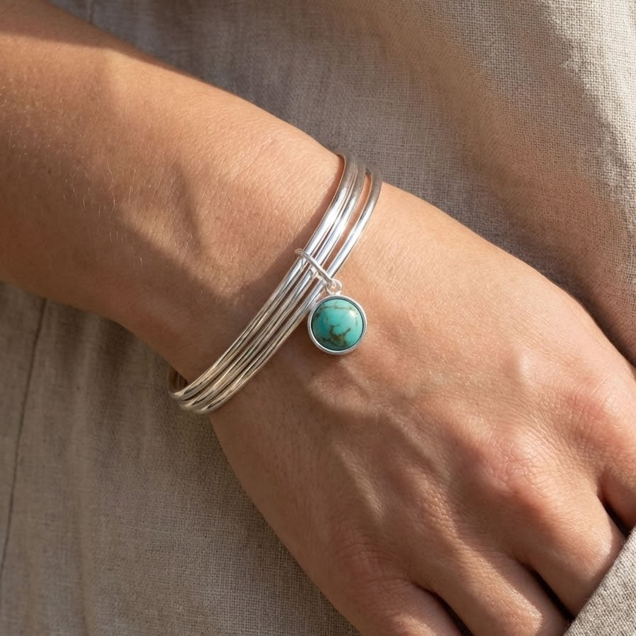 Silver Triple Bangle with Turquoise Charm