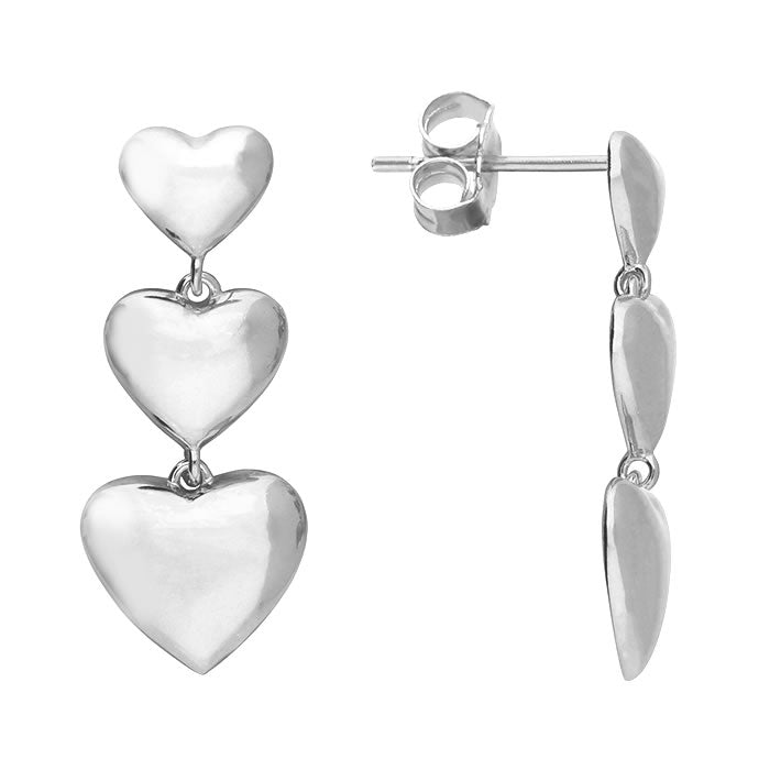 Silver Graduated Triple Heart Drop Earrings