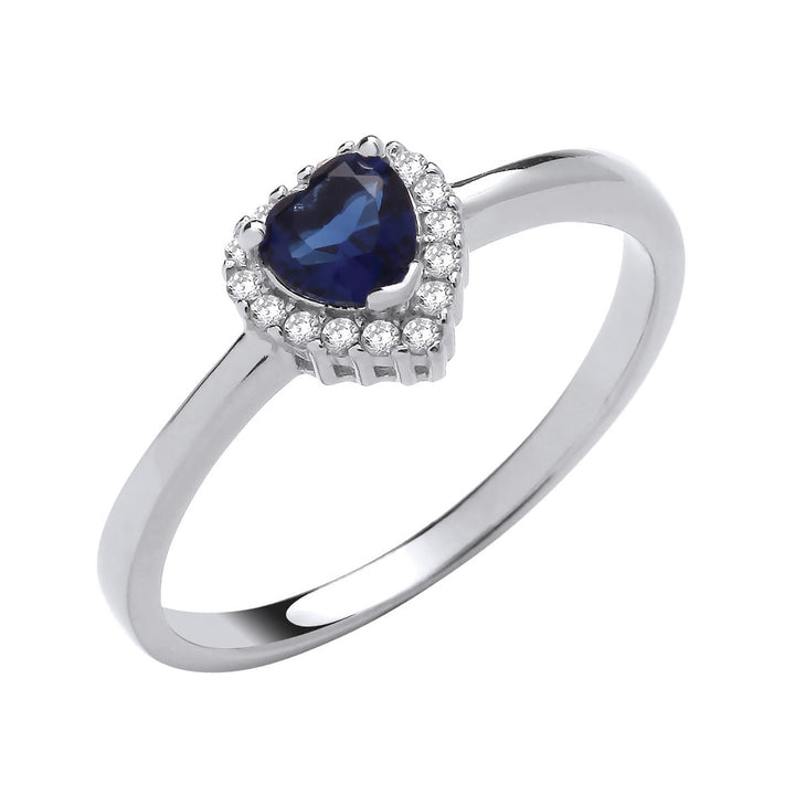 Sterling Silver Sapphire Blue Heart Halo Ring