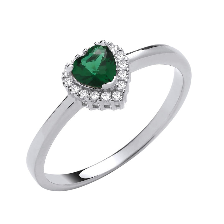 Sterling Silver Emerald Green Heart Halo Ring