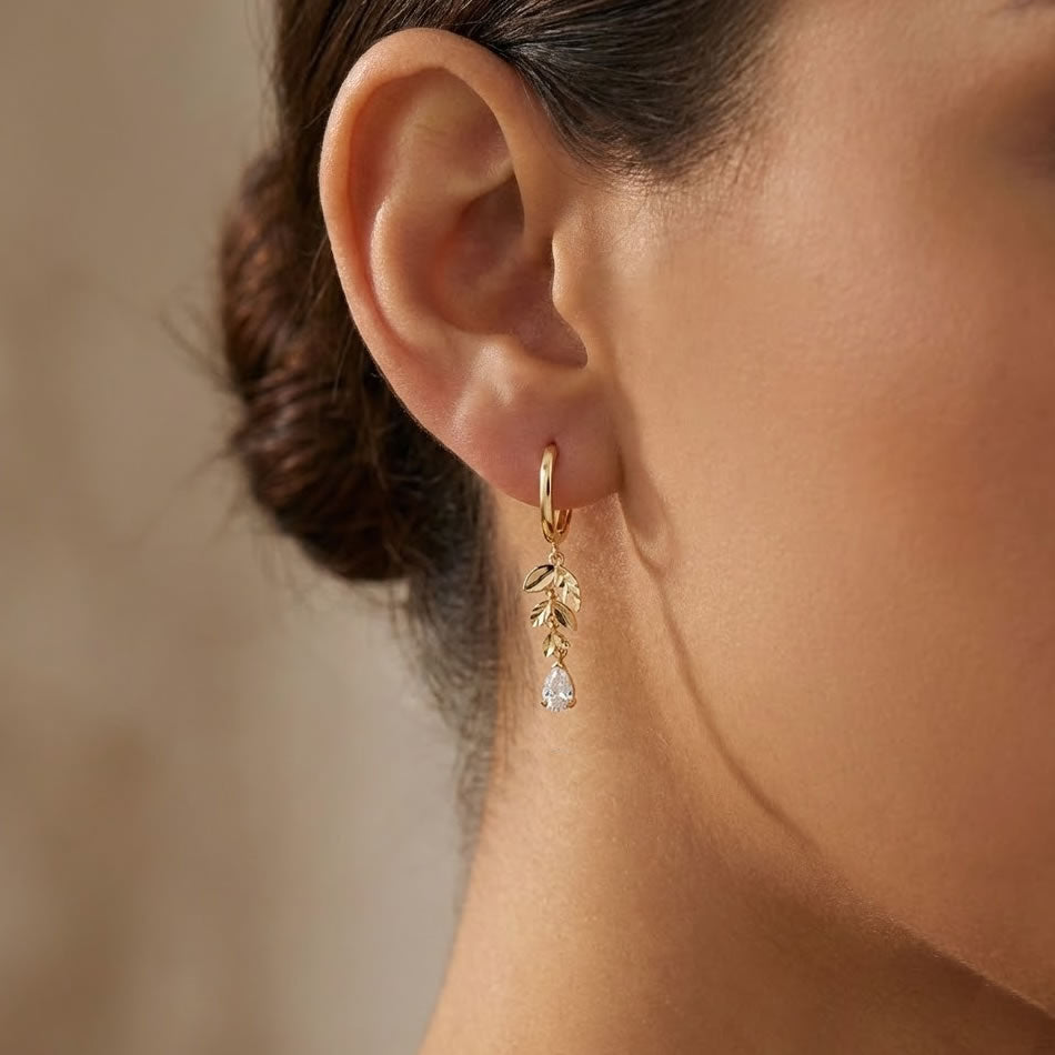 9ct Gold Leaf Drop Hoop Earrings