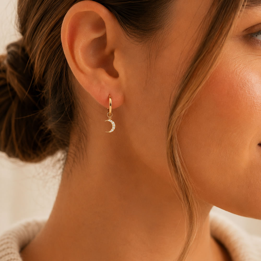 9ct Gold Moon Charm Hoop Earrings