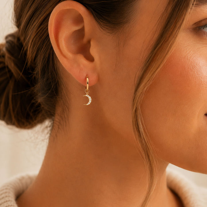 9ct Gold Moon Charm Hoop Earrings