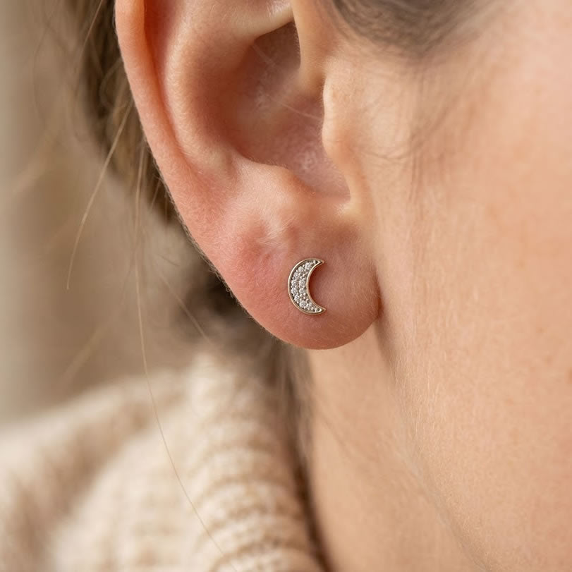 9ct Gold Diamond Moon Stud Earrings