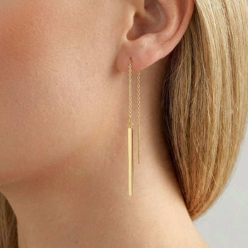 9ct Gold Pull Through Bar Chain Drop Earrings