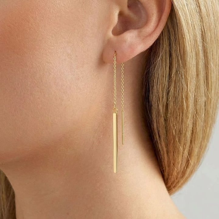 9ct Gold Pull Through Bar Chain Drop Earrings