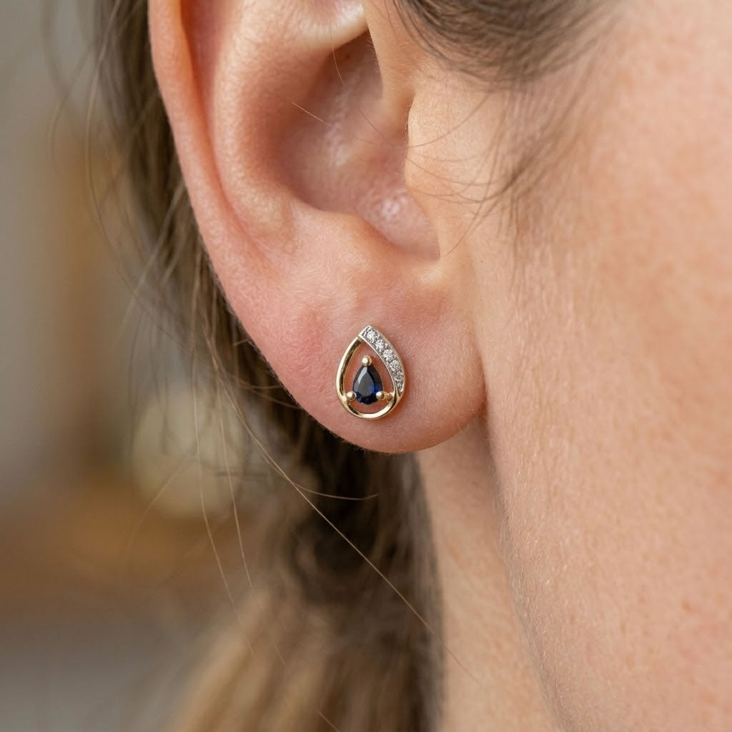 9ct Gold Pear Sapphire & Diamond Stud Earrings