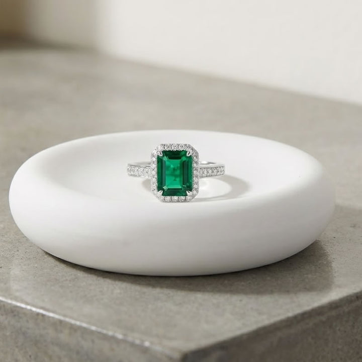 Silver Lab Created Diamond &amp; Emerald Ring