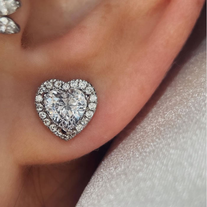 Silver Heart Halo Stud Earrings