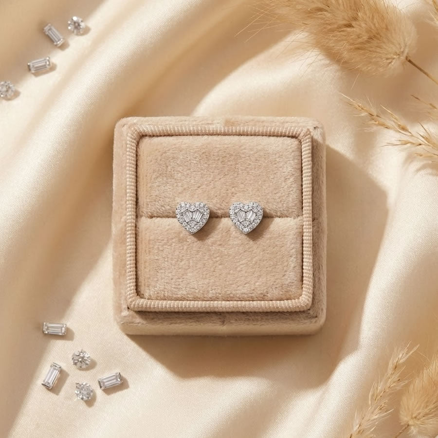 Silver Baguette-Cut Cubic Zirconia Heart Stud Earrings