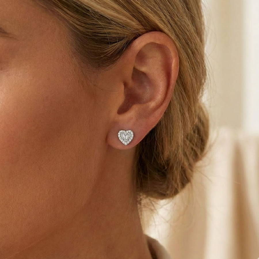 Silver Baguette-Cut Cubic Zirconia Heart Stud Earrings