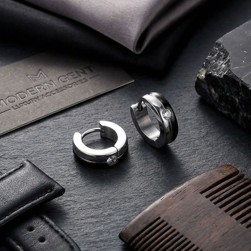 Men's Black Stripe Huggie Hoop Earrings