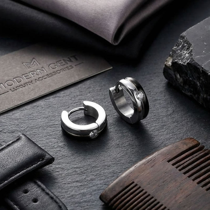 Men's Black Stripe Huggie Hoop Earrings