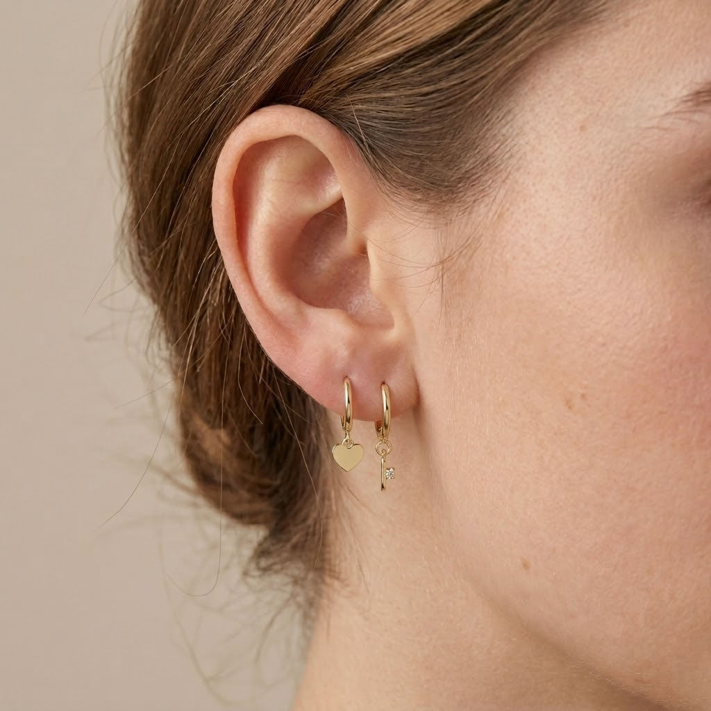 9ct Gold Heart Charm Hoop Earrings