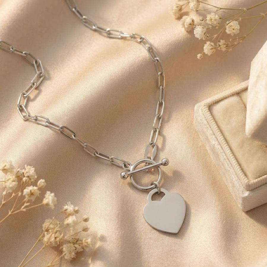 Silver Personalised Heart T-Bar Paperclip Necklace