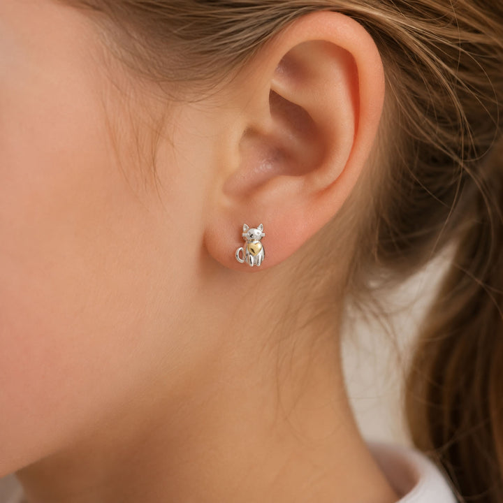 Children's Silver Cat Stud Earrings