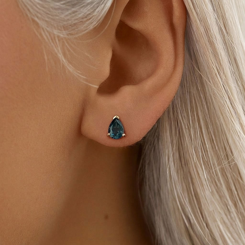 9ct Gold London Blue Topaz Pear Stud Earrings