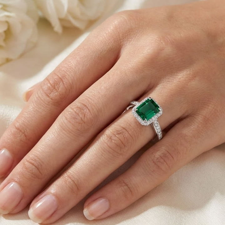 Silver Lab Created Diamond & Emerald Ring