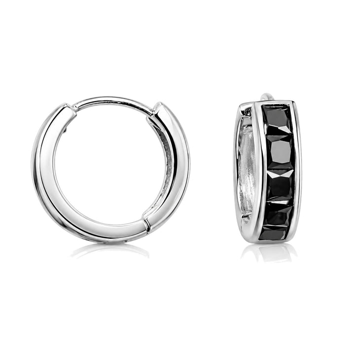 Men's Silver Black CZ Hoop Earrings