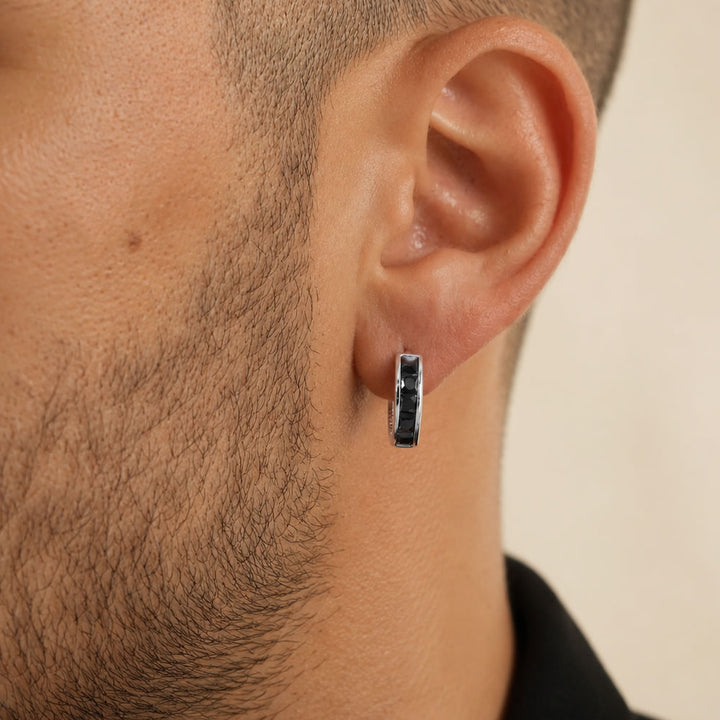 Men's Silver Black CZ Hoop Earrings