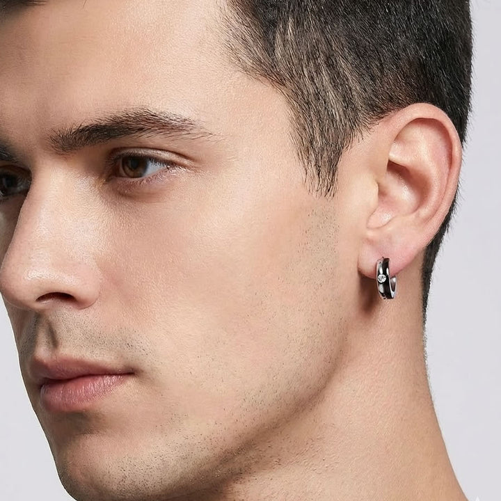 Men's Black Stripe Huggie Hoop Earrings