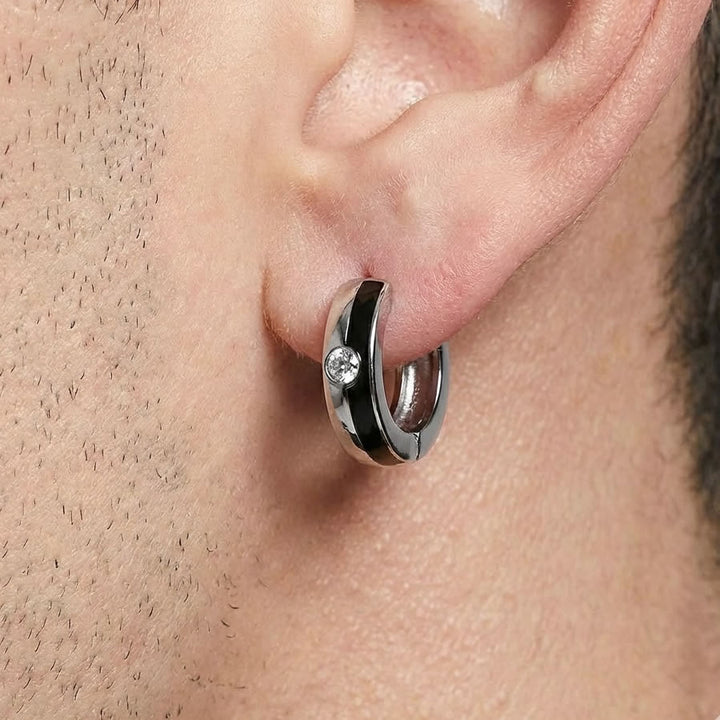 Men's Black Stripe Huggie Hoop Earrings