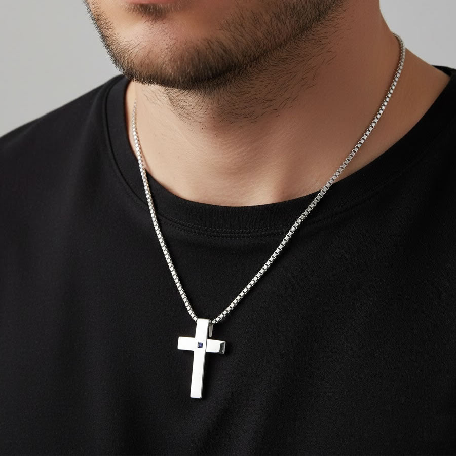 Men's Sterling Silver Sapphire Cross Pendant