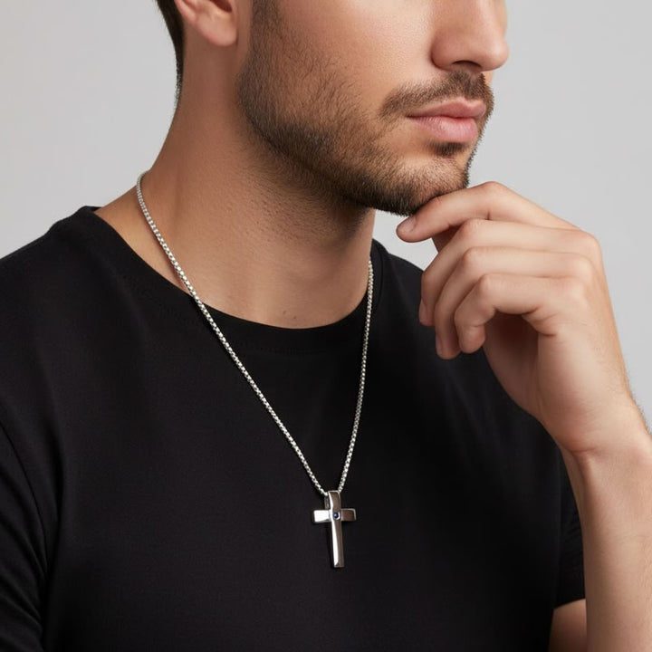 Men's Sterling Silver Sapphire Cross Pendant