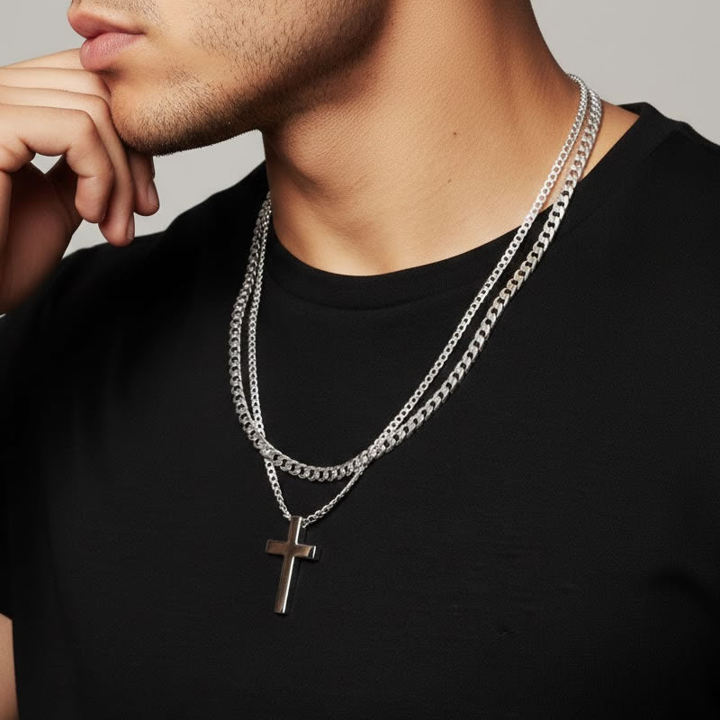 Men's Silver Large Solid Cross Necklace