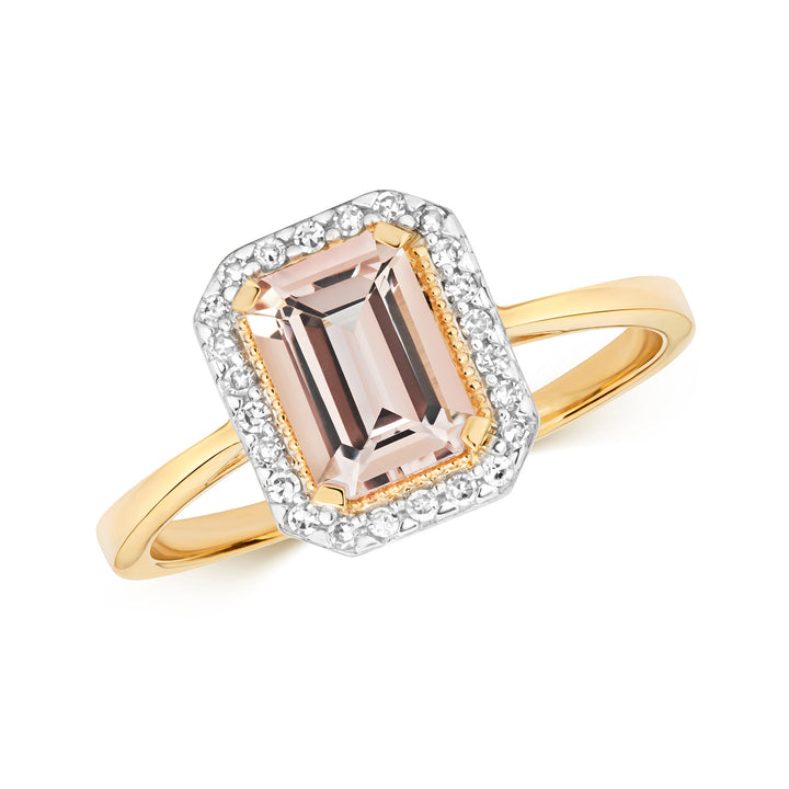 9ct Gold Emerald-Cut Morganite & Diamond Ring