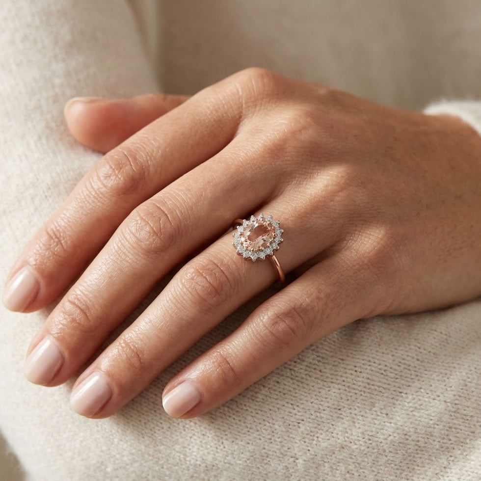 9ct Rose Gold Oval Morganite & Diamond Cluster Ring