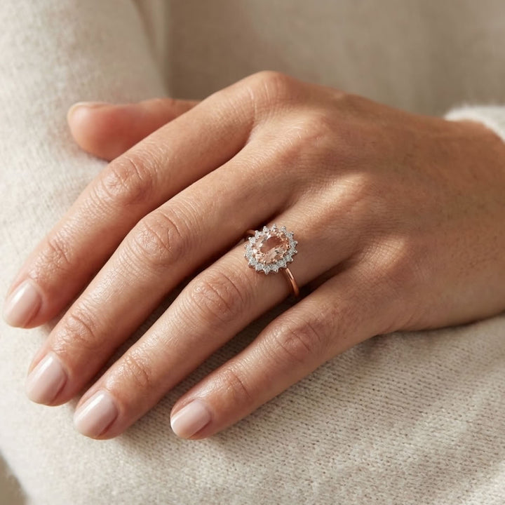 9ct Rose Gold Oval Morganite & Diamond Cluster Ring