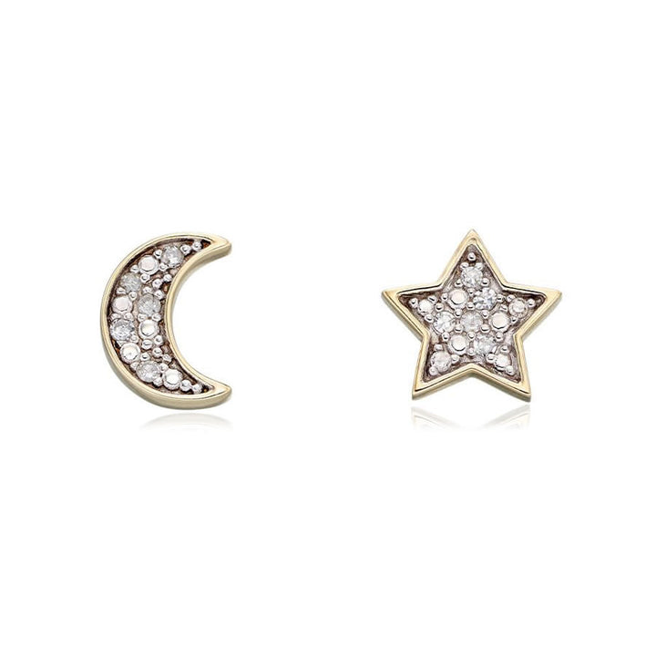 9ct Gold Diamond Moon & Star Stud Earrings