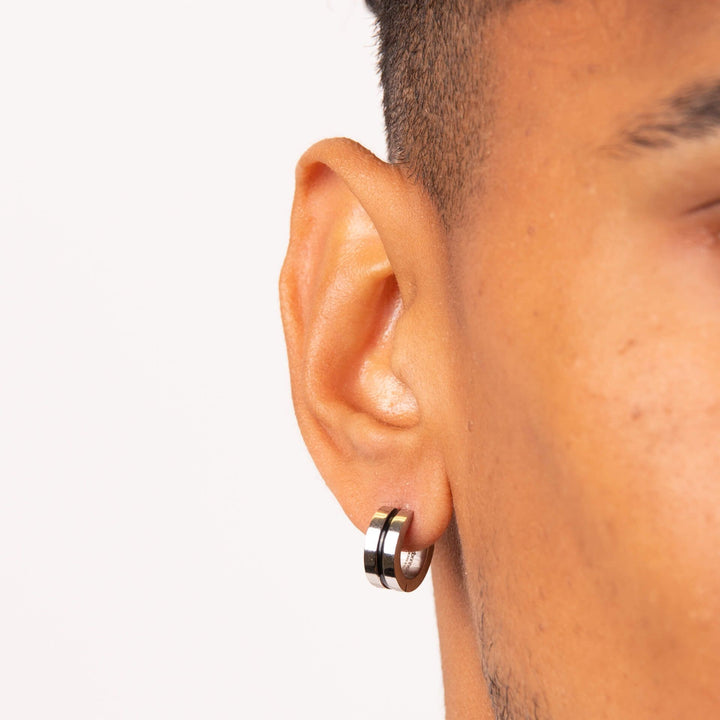 Men's Black Stripe Huggie Hoop Earrings
