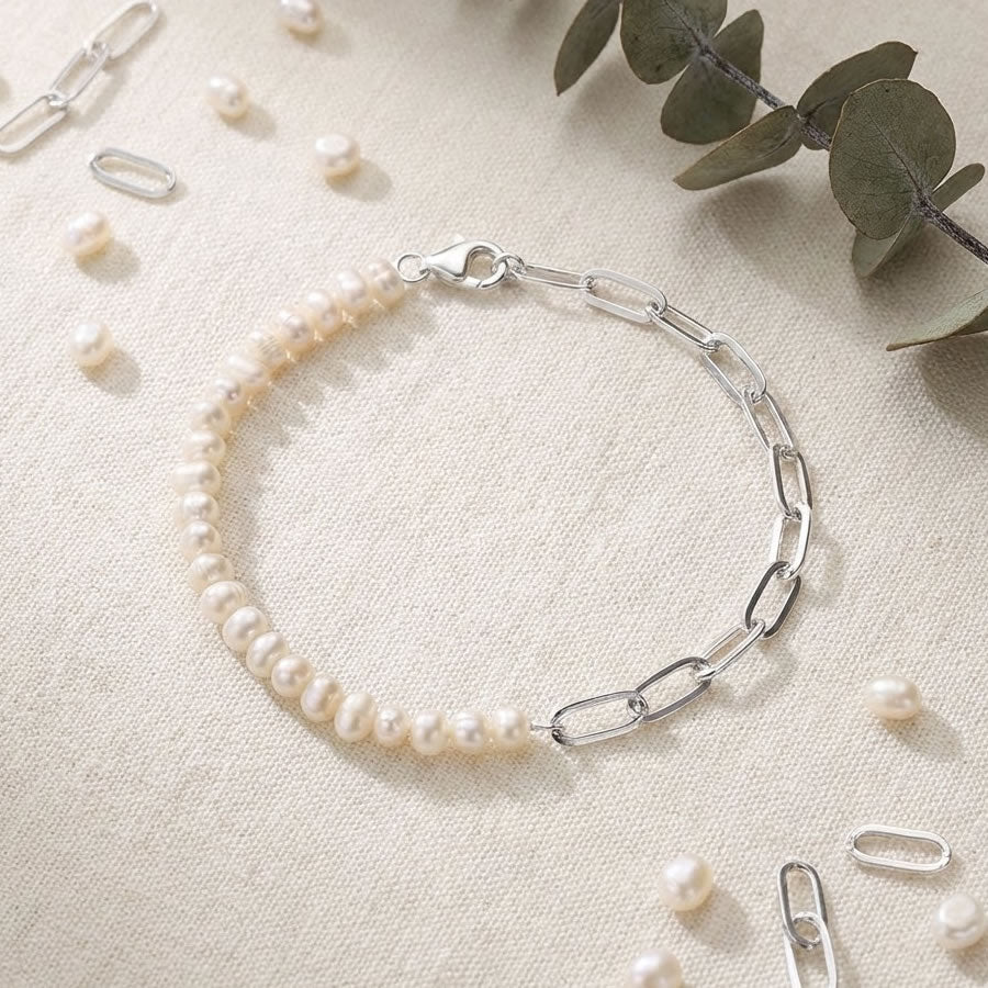 Silver Pearl Half Oval Chain Link Bracelet