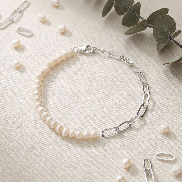 Silver Pearl Half Oval Chain Link Bracelet