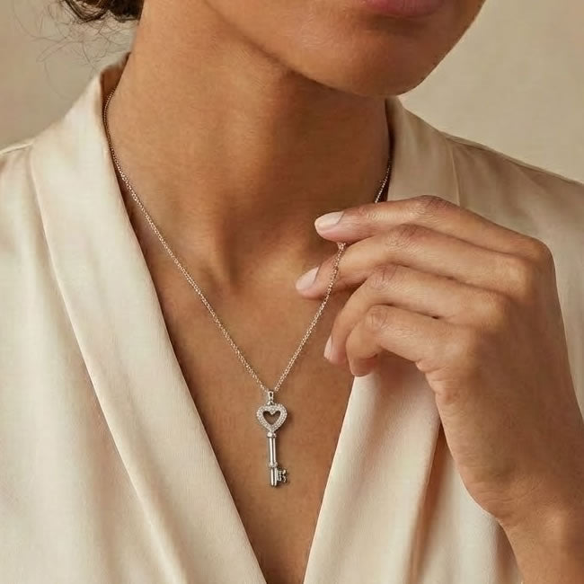 9ct White Gold Diamond Key To My Heart Necklace