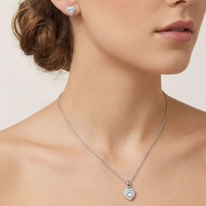 Silver Heart Pendant & Earrings Set on Model