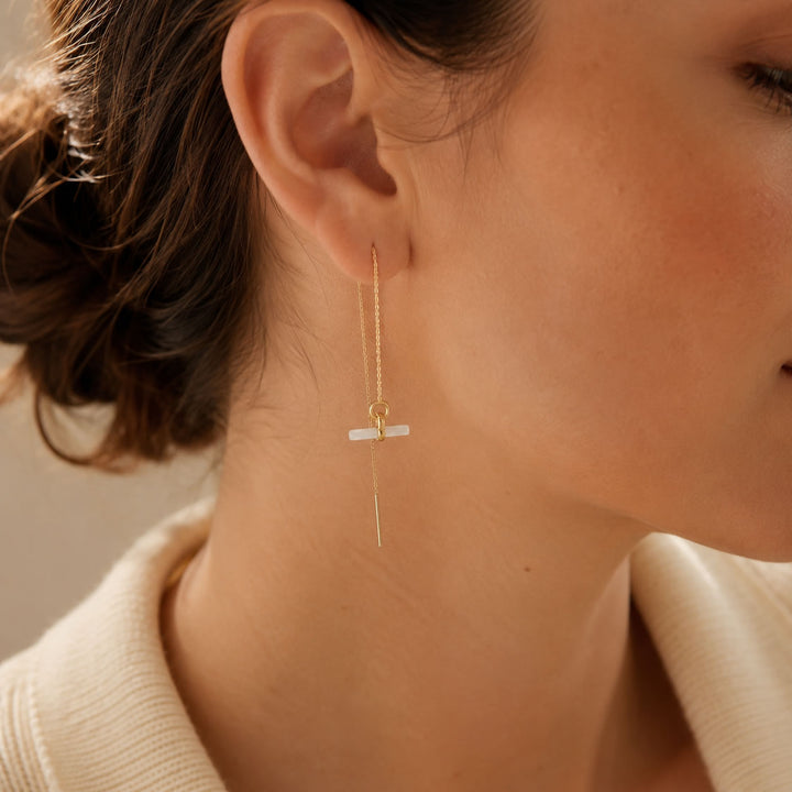 9ct Gold Mother of Pearl Pull Through T-Bar Earrings
