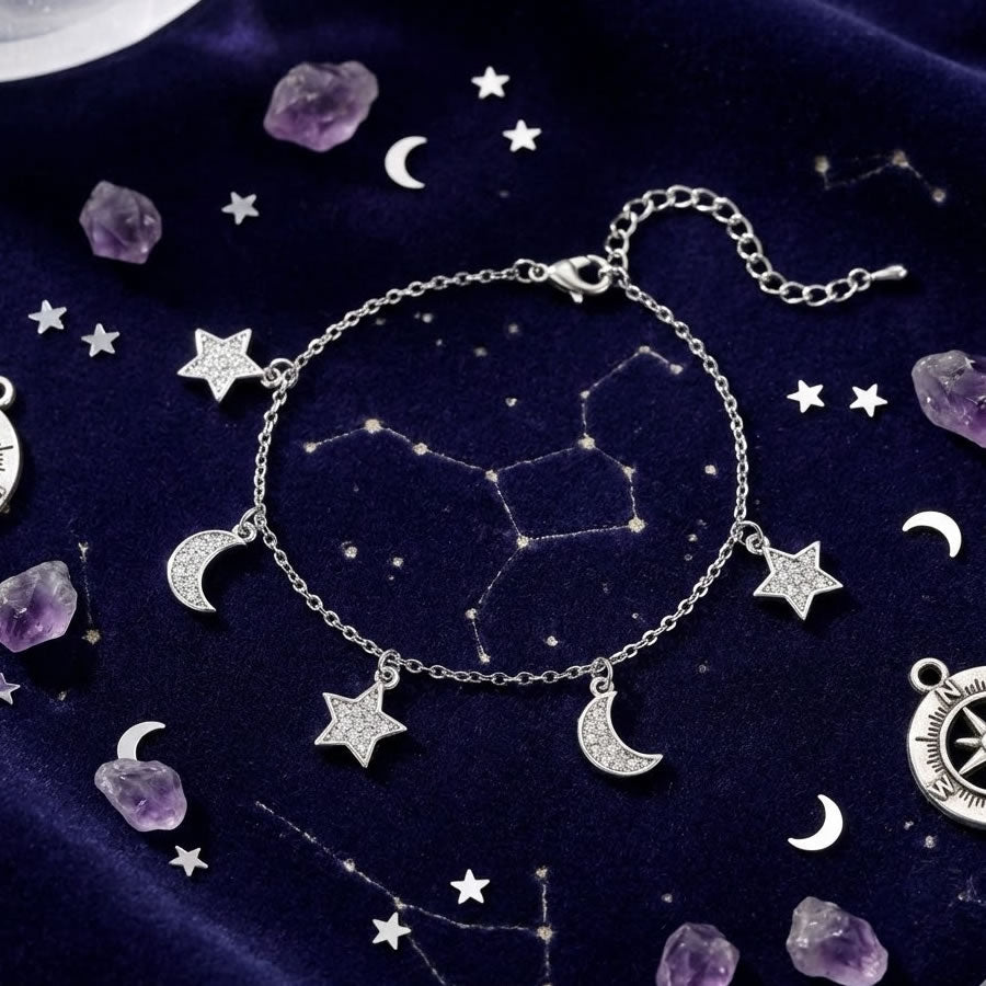 Sterling Silver Moon &amp; Star Charm Bracelet