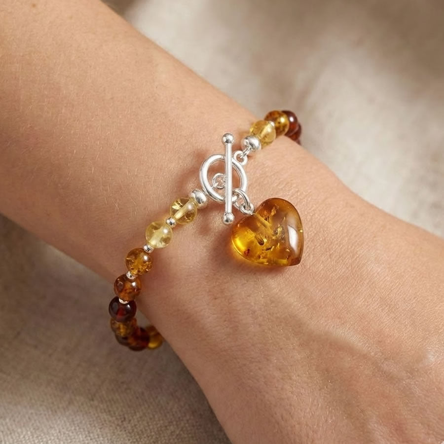 Silver Mixed Amber T-bar Heart Charm Bracelet