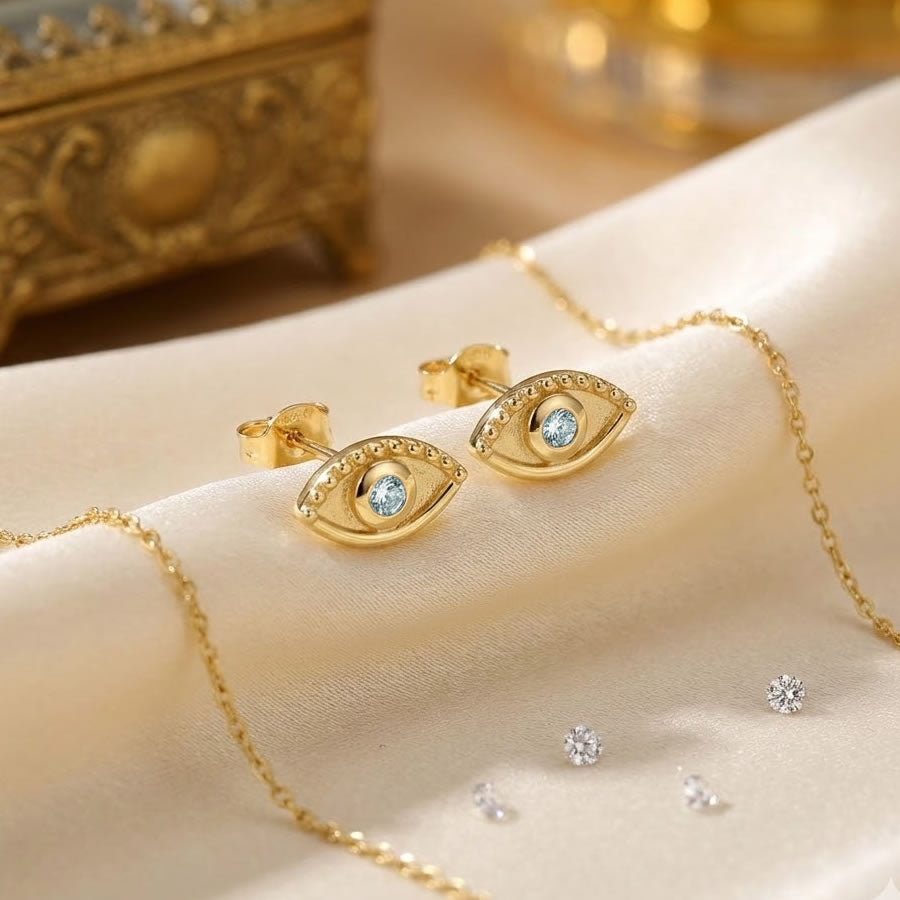 9ct Gold Aquamarine Evil Eye Stud Earrings