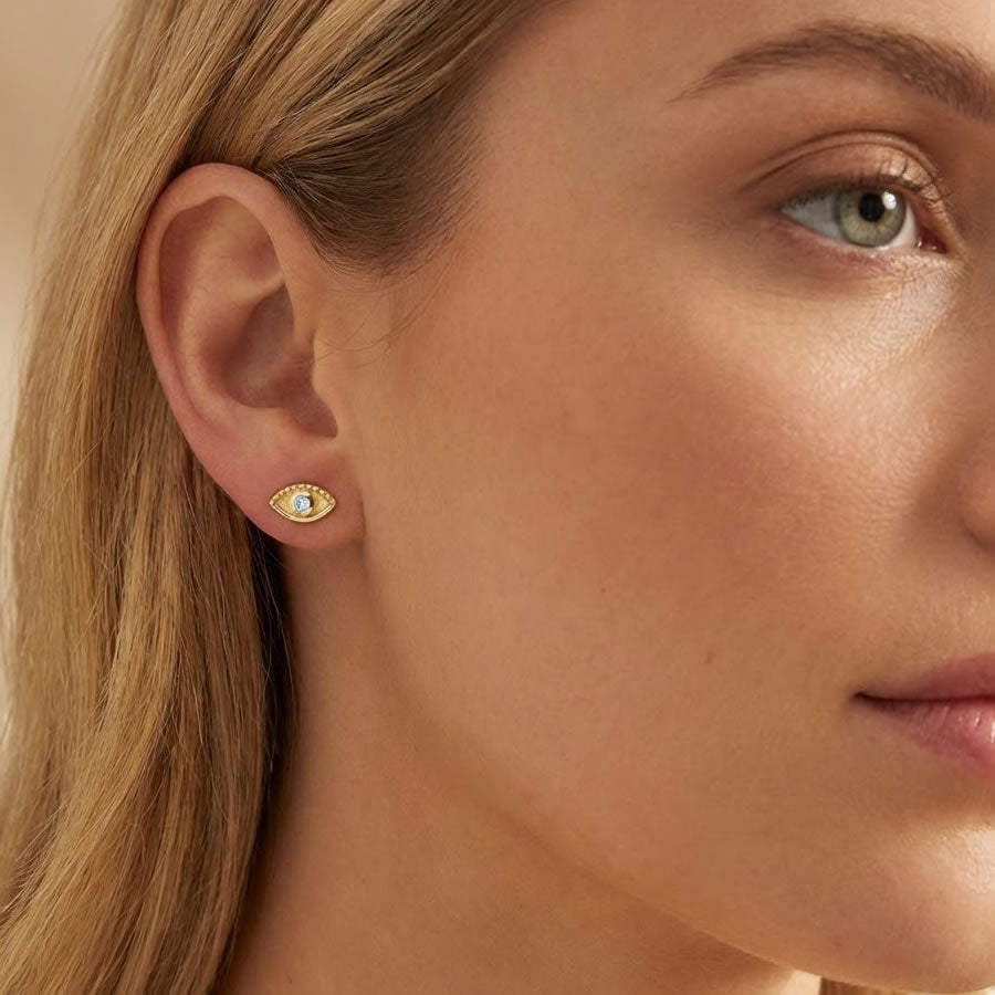 9ct Gold Aquamarine Evil Eye Stud Earrings
