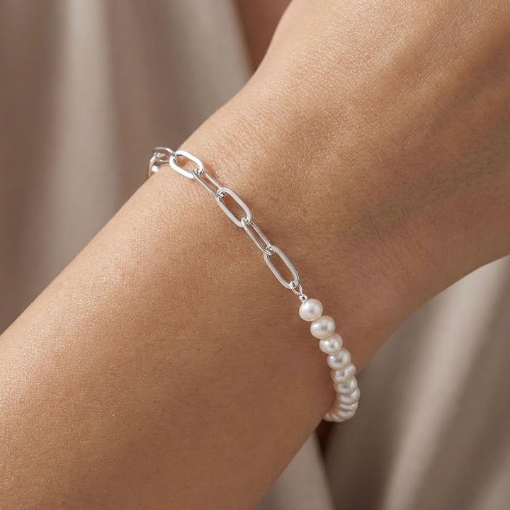 Silver Pearl Half Oval Chain Link Bracelet