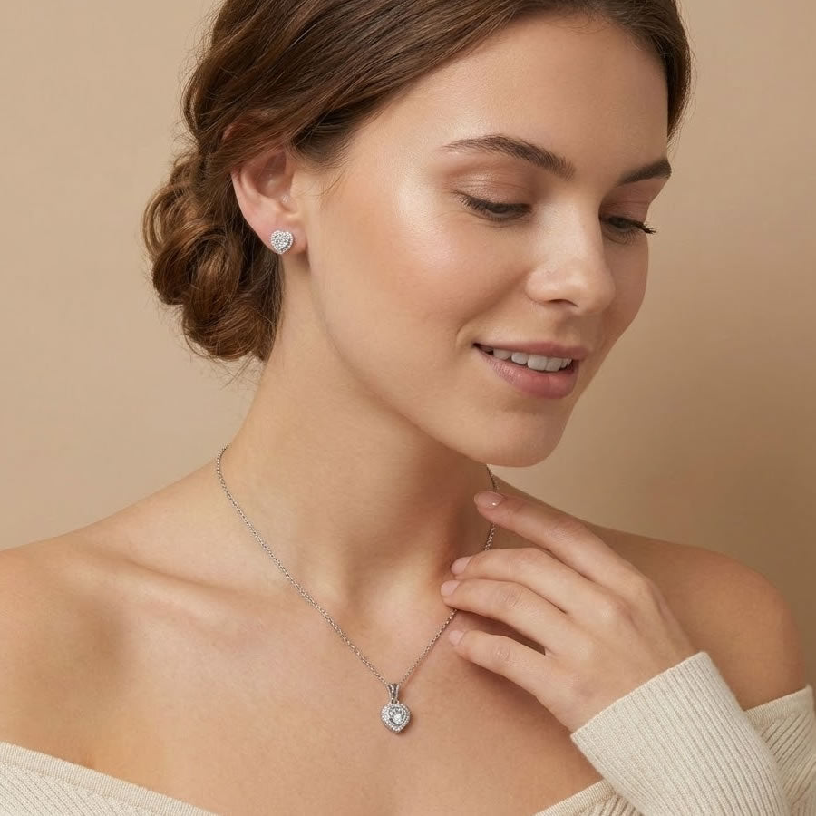 Silver Heart Pendant & Earrings Set on Model